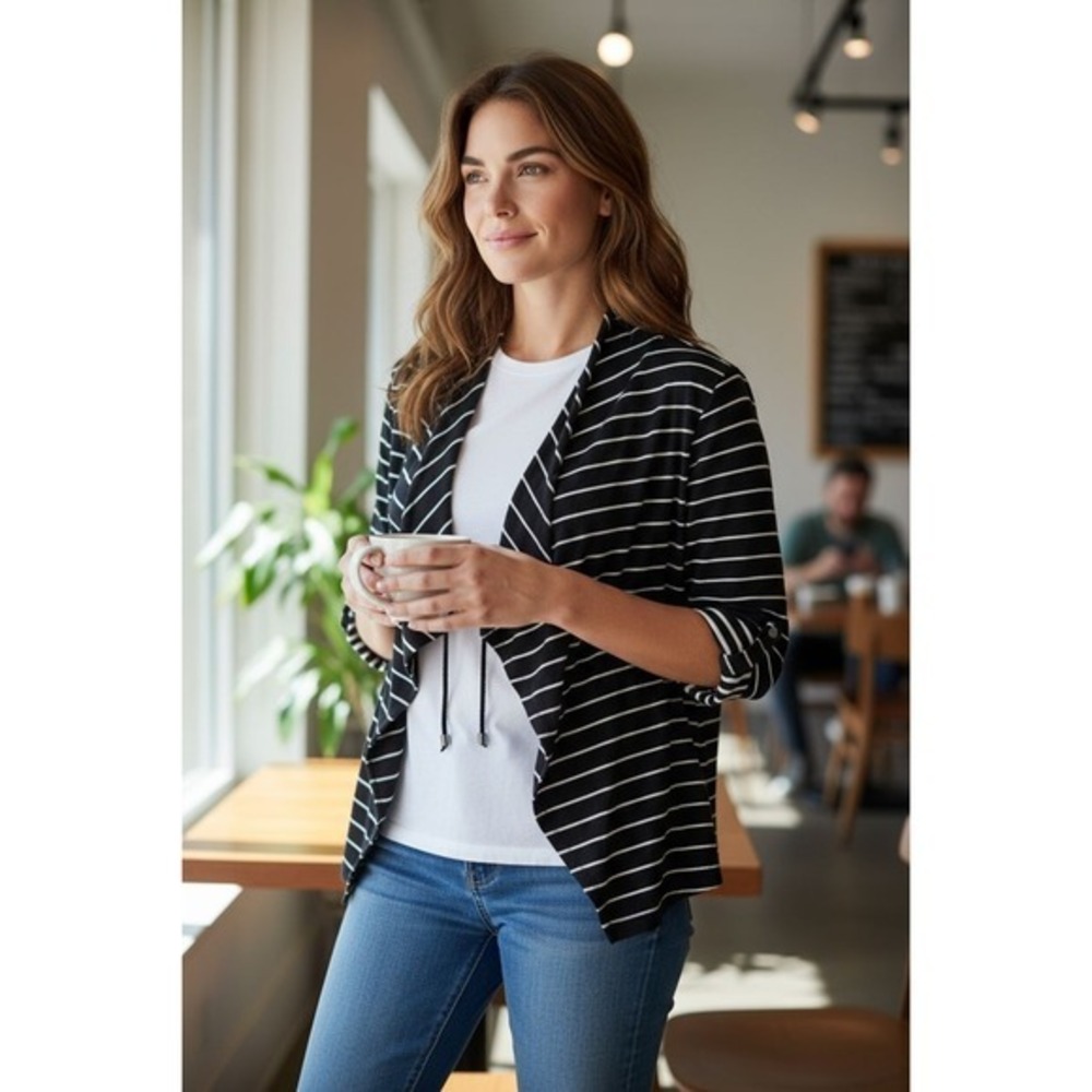 Womens Black White Striped‎ Draped Open Front Cardigan Roll Tab Sleeve Sweater